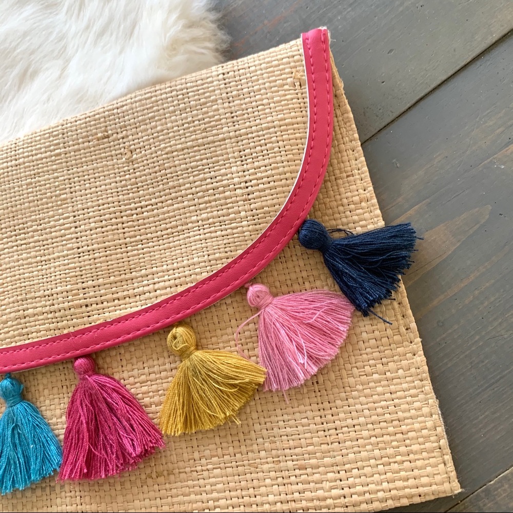 Boho Straw Clutch Purse Multicolored Tassels - Picture 3 of 6